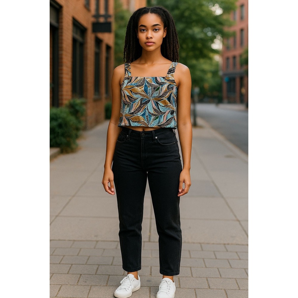 Gianni BiniCrop Top Sleeveless Square Neck Abstract Leaf Print Multicolor